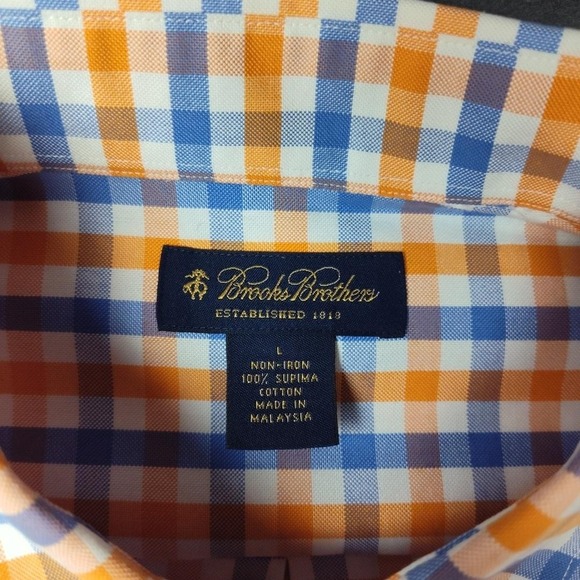 Brooks Brothers Shirt Mens Large Blue Orange Supima Non-Iron Long Sleeve Work - Picture 7 of 12
